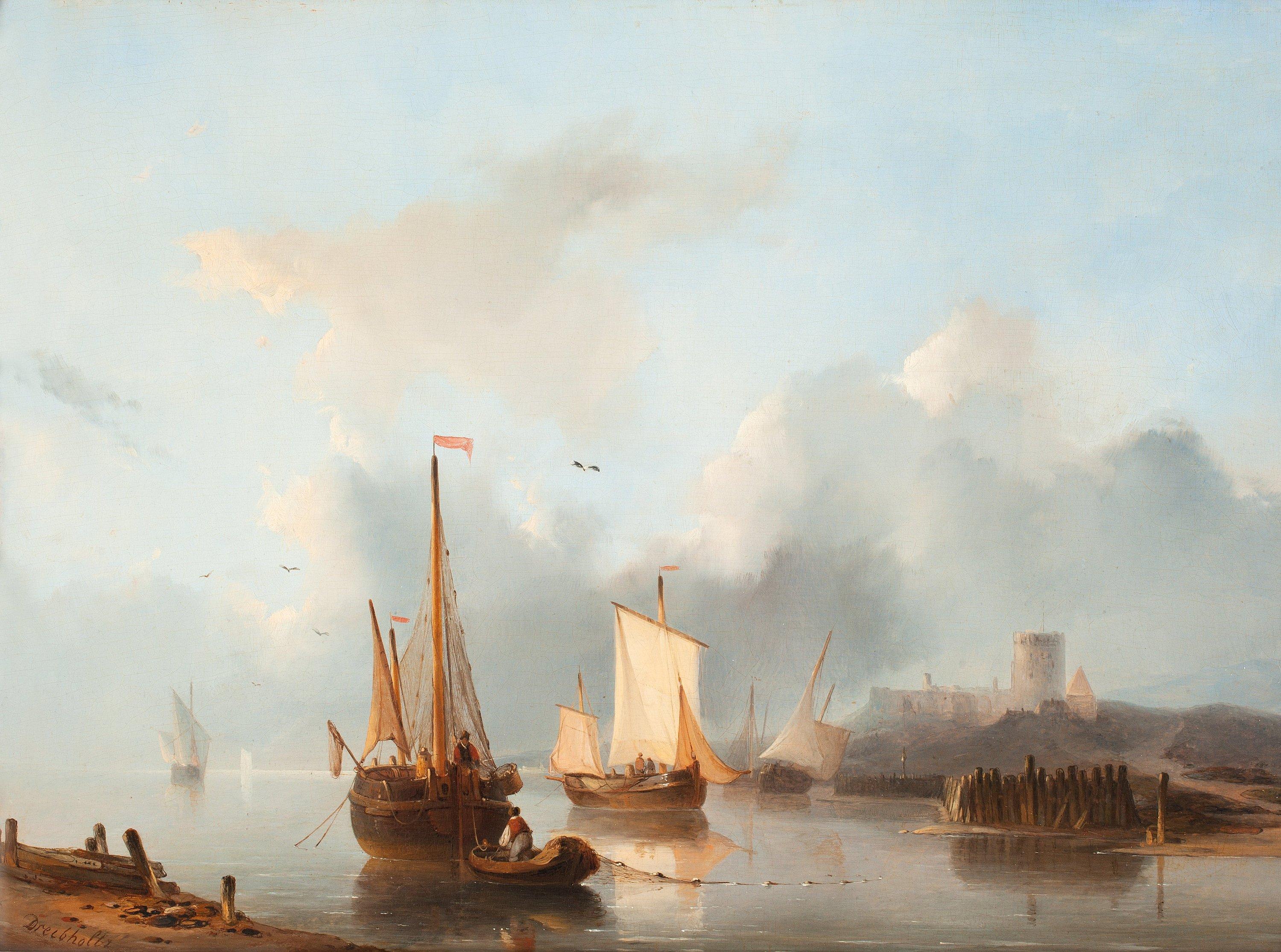 Christiaan Lodewijk Willem Dreibholtz - Ships on a canal in front of a castle