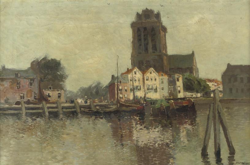 Christiaan Soer - Nieuwe haven, Dordrecht, with the Grote Kerk beyond