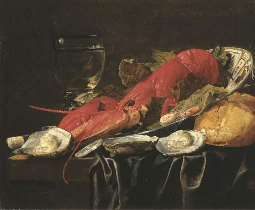Christiaen Luycks - A lobster, shrimps and vine leaves in a Wanli \'kraak\' porcelein bowl, a roemer, oysters and a loaf of bread on a partially draped table