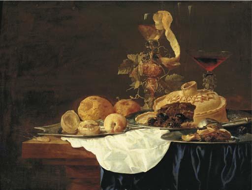 Christiaen Luycks - A Pie On A Silver Plate, A Lemon And Peaches On A Platter, With Hazlenuts On A Plate, A Roemer And A Glass of Red Wine On A Partly-Draped Table