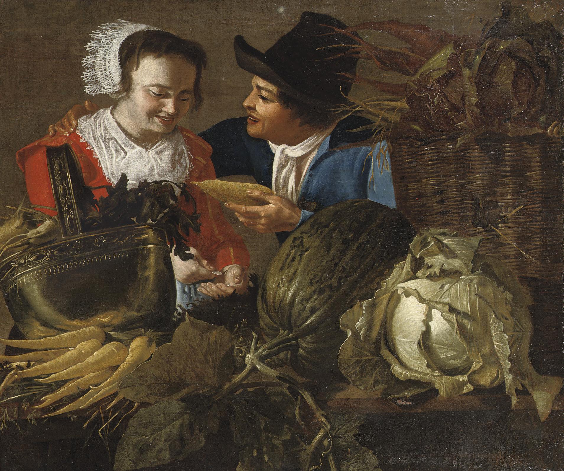 Christiaen Van Couwenbergh - A maid buying groceries at a vegetable stand