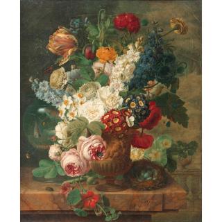 Christiaen Van Pol - Nature Morte Au Vase De Fleurs, Bocal De Poissons Et Nid D\'Oiseau Sur Un Entablement