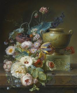 Christiaen Van Pol - Still Life Of Roses, Tulips, And Other Flowers On A Marble Ledge With A Sculpted Marble Urn