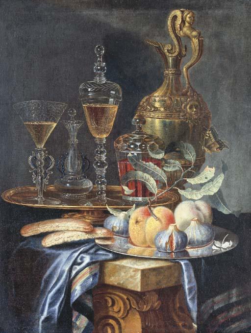 Christian Berentz - Peaches and figs on a pewter platter, a Façon de Venise fluted wine glass and vessel with a Bohemian covered goblet and covered beaker on a gilt platter, all resting on a partially draped stone ledge