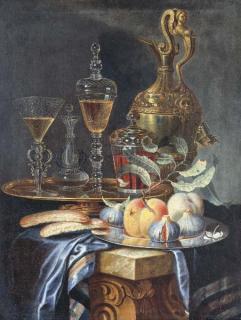 Christian Berentz - Peaches and figs on a pewter platter, a Façon de Venise fluted wine glass and vessel with a Bohemian covered goblet and covered beaker on a gilt platter, all resting on a partially draped stone ledge