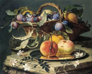 Christian Berentz - Peaches and plums in a wicker basket, peaches on a silver dish and narcissi on stone plinths