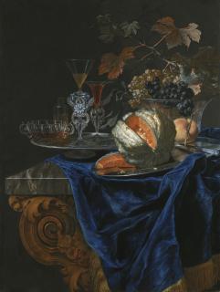 Christian Berentz - Still Life With A Melon And A Peach On A Silver Platter, Together With A Glass Bowl Of Grapes And A Tray Of Assorted Glassware On A Marble Table Top Partly Draped With A Blue Cloth