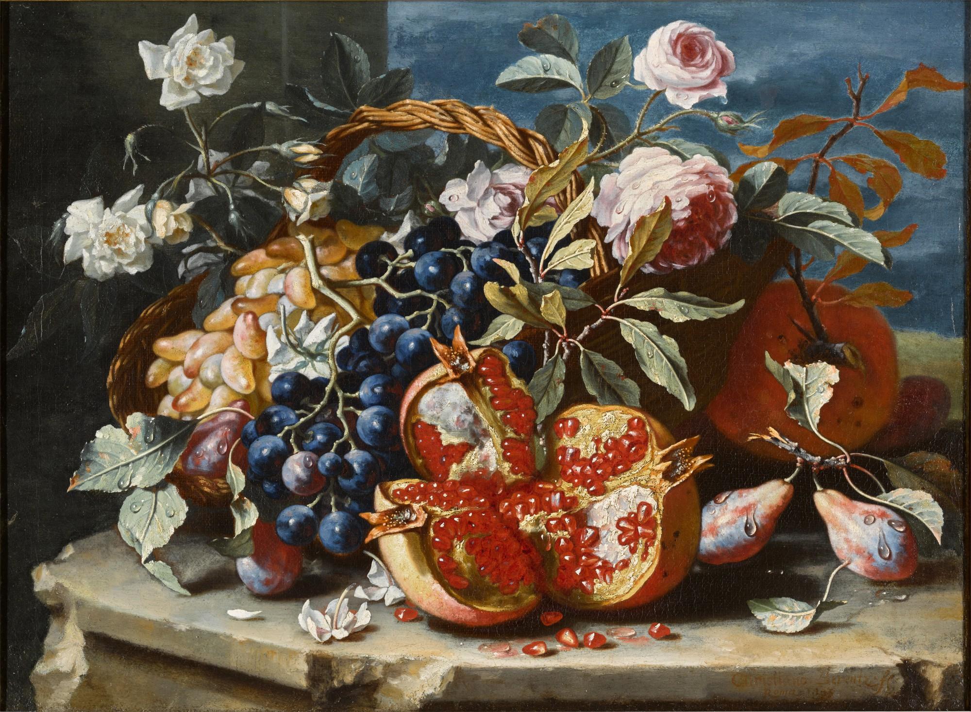 Christian Berentz - Still life with a pomegranate and grapes, with roses and other fruits in a basket, all on a stone ledge