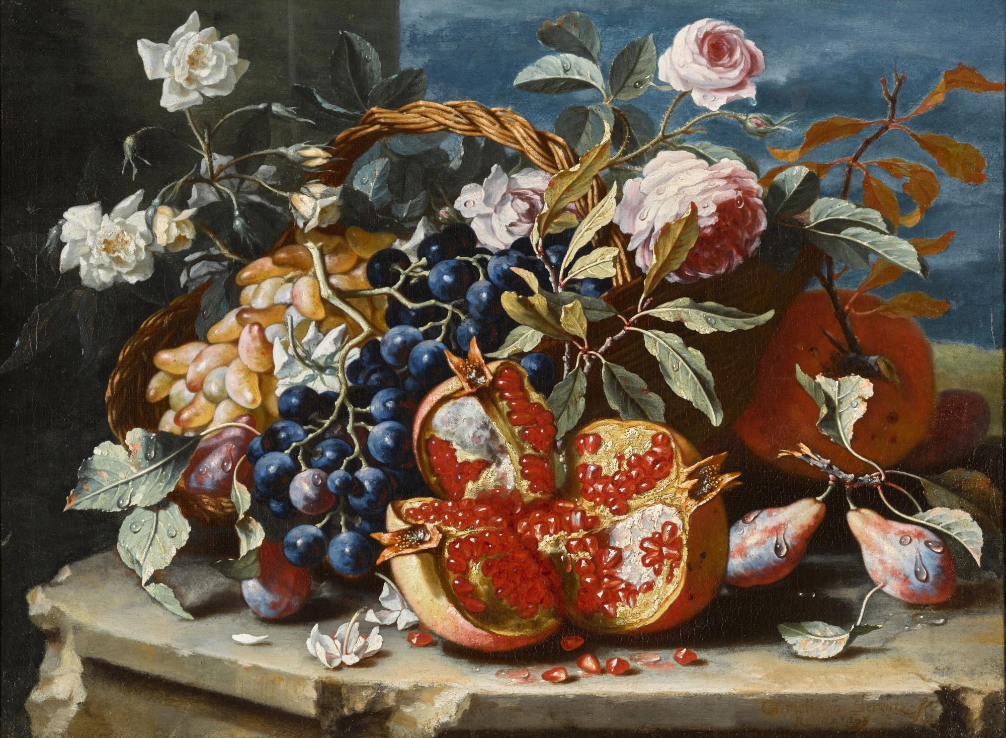 Christian Berentz - Still life with a pomegranate and grapes, with roses and other fruits in a basket, all on a stone ledge