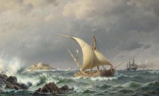 Christian Frederick Emil Eckardt - Latvian coastal craft and a paddle steamer in the Bay of Riga, with a fortified island beyond