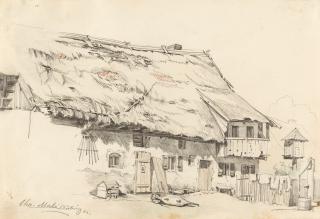 Christian Friedrich Mali - 2 Bll.: Gehöft in Aubing – Ein Ziehbrunnen mit bäuerlichem Gerät.