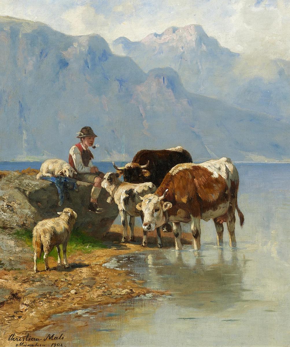 Christian Friedrich Mali - Hütebub mit Kühen und Schafen am Bergsee