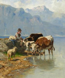 Christian Friedrich Mali - Hütebub mit Kühen und Schafen am Bergsee