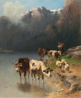 Christian Friedrich Mali - Hütejunge mit Kühen und Schafen an einem Gebirgssee.