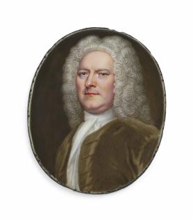 Christian Friedrich Zincke - A gentleman called Archibald Coates (d. 1770), in brown velvet coat, white cravat, powdered curling wig