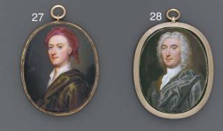 Christian Friedrich Zincke - A gentleman, facing left in brown coat, grey silk cloak draped over his left shoulder, full bottomed powdered wig