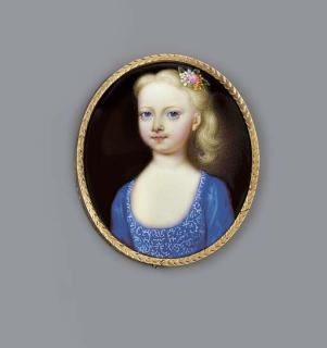 Christian Friedrich Zincke - A young girl, facing left in silver-figured blue velvet dress, posy of flowers in her long fair hair