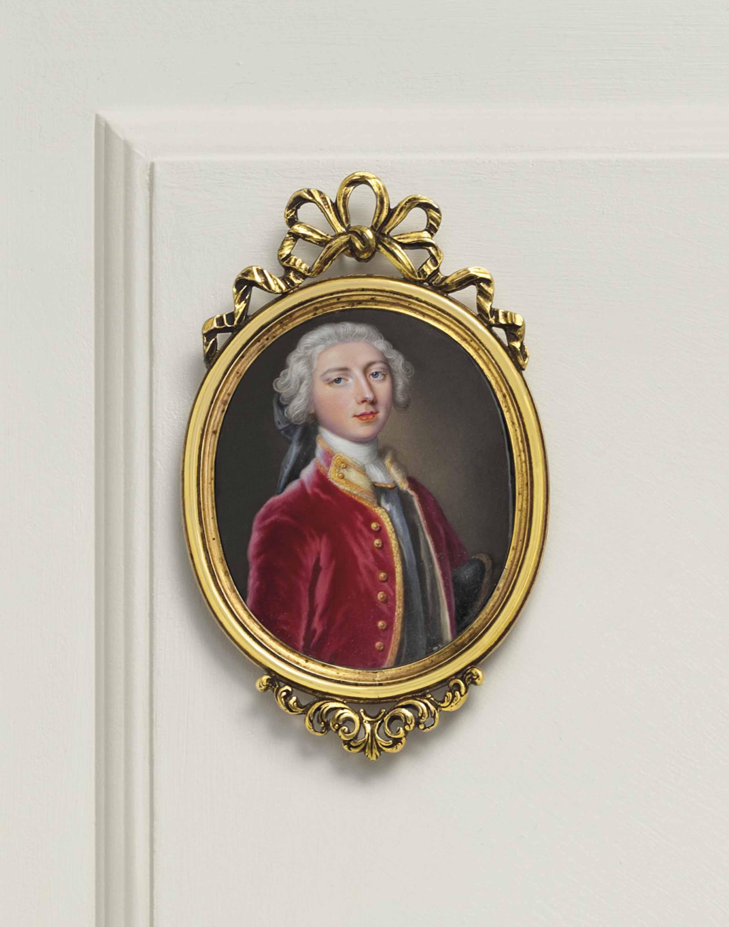 Christian Friedrich Zincke - Lord Augustus Fitzroy (1716-1741), In Gold-Trimmed Red Velvet Coat, Purple Waistcoat And White Cravat, Powdered Bag Wig En Queue, Holding A Black Tricorn Hat Under His Left Arm