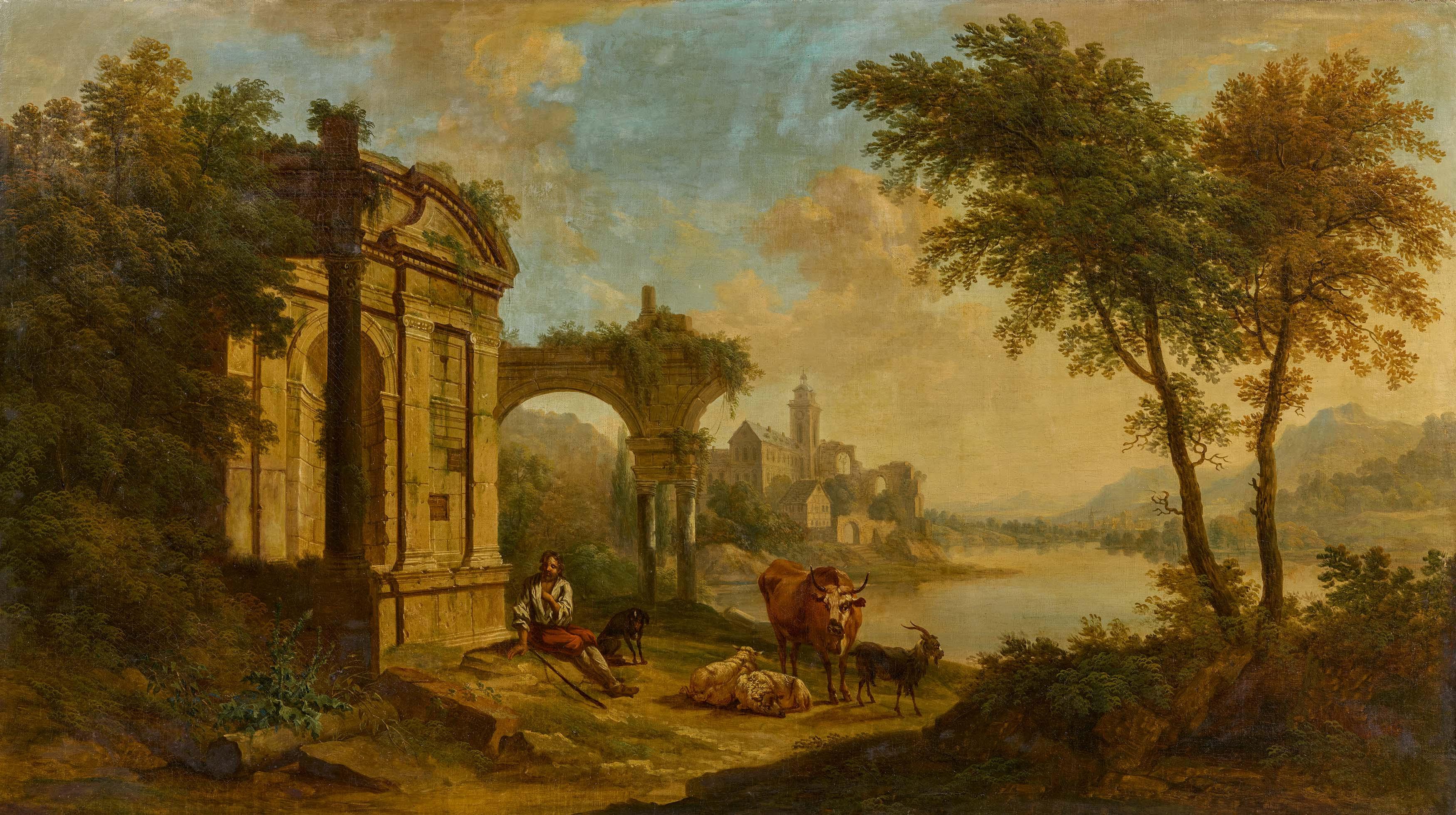 Christian Georg I Schüz - Große Flusslandschaft mit Schäfer vor antiken Ruinen.