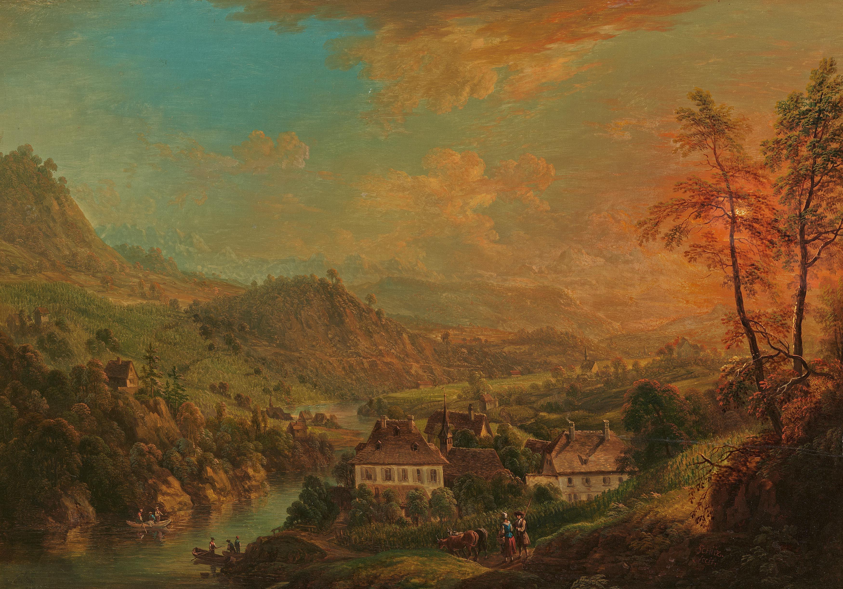 Christian Georg I Schüz - Ideales kleines Flusstal mit Fährboot.