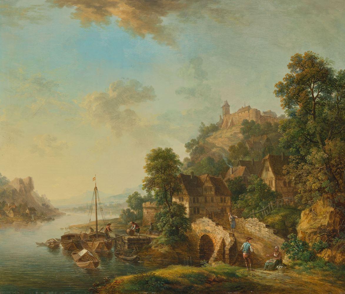 Christian Georg Schütz d. Ä. - Rheintalansicht mit Blick auf die Stadt Braubach mit der Marksburg.