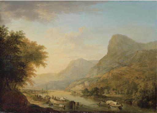Christian Georg Schütz I - A mountainous river landscape with a town beyond