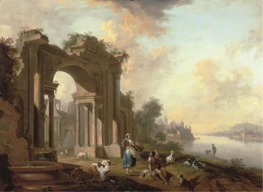 Christian Georg Schütz I - An Architectural \'Capriccio\' With A Shepherd And A Washerwoman By A River, A Town Beyond