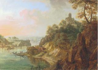 Christian Georg Schütz II - A Rhenish Landscape With Herdsmen On A Track Near A Castle, A Moored Fishing Boat Nearby And A Church In The Distance