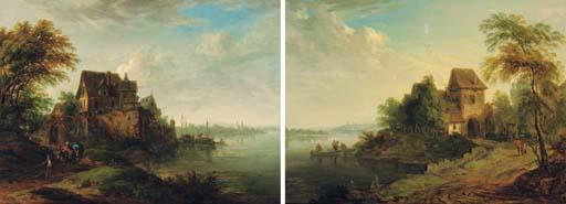 Christian Georg Schütz II - A wooded river landscape with a muleteer and two mules on a track outside a hamlet; and A wooded river landscape with fishermen in boats and travellers on a track