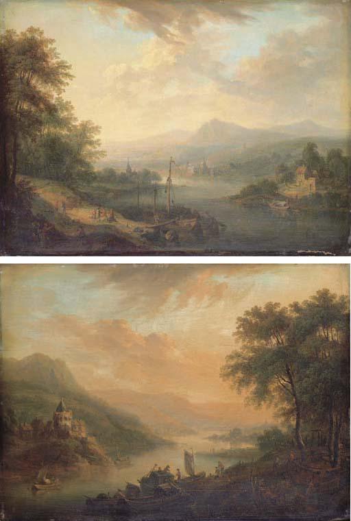 Christian Georg Schütz II - Dawn: a Rhenish river landscape with a stevedore loading a boat; and Dusk: a Rhenish river landscape with castle on a hill