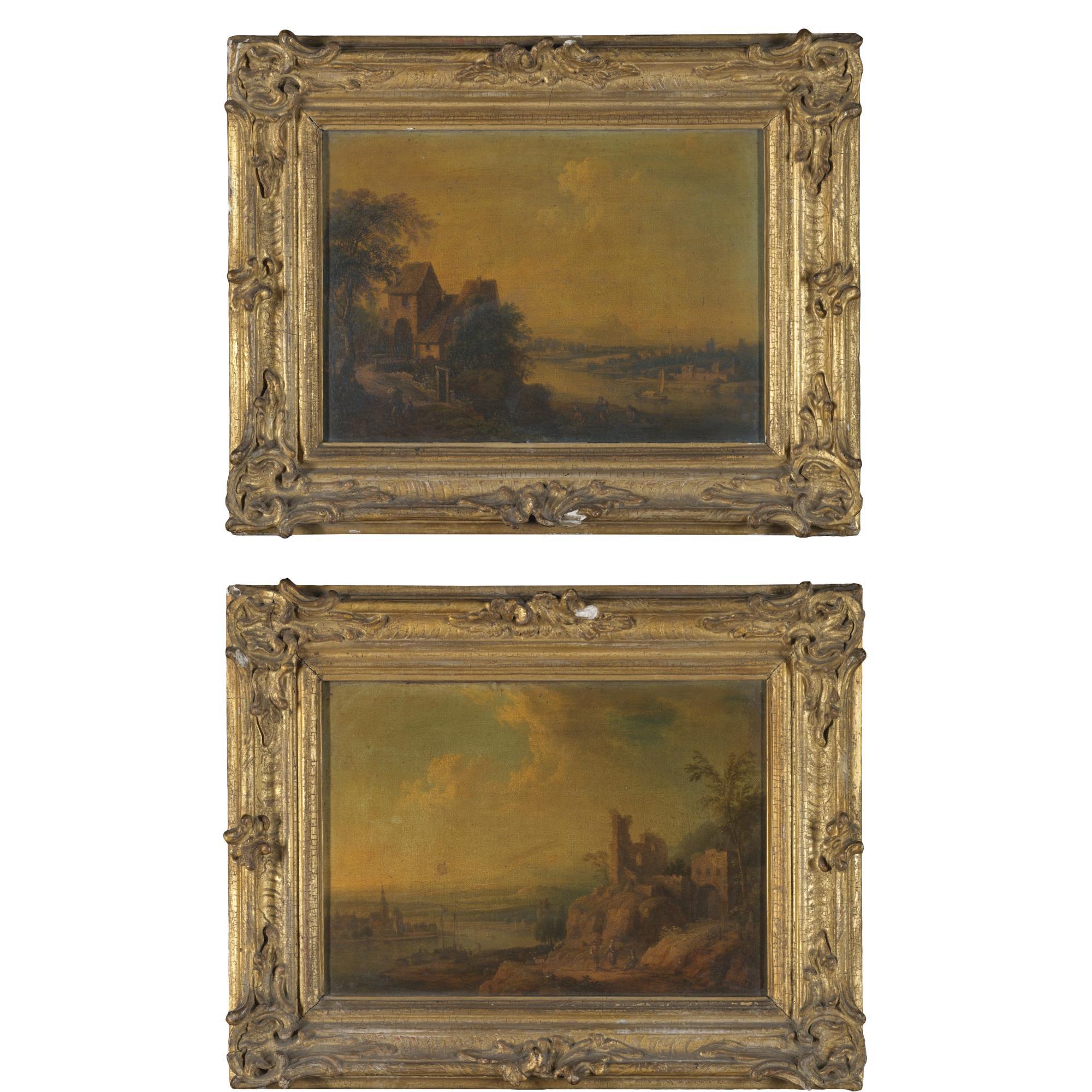 Christian Georg Schütz the Younger - A Rhenish Landscape With A House And Figures Unloading Their Boat; A Rhenish Landscape With Ruins And Figures Conversing In The Foreground