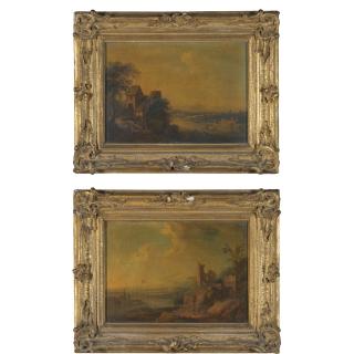 Christian Georg Schütz the Younger - A Rhenish Landscape With A House And Figures Unloading Their Boat; A Rhenish Landscape With Ruins And Figures Conversing In The Foreground