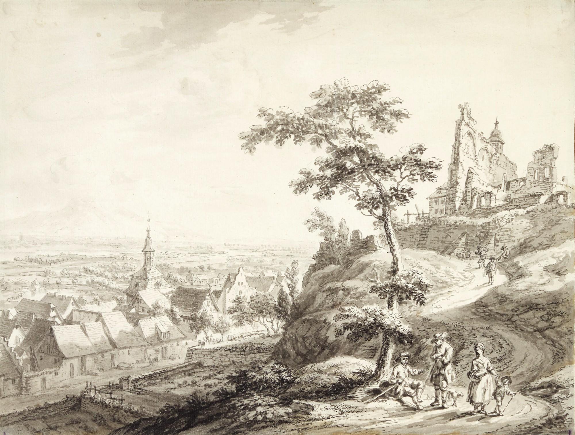 Christian Georg Schütz The Younger - Resting travellers before a town in a valley