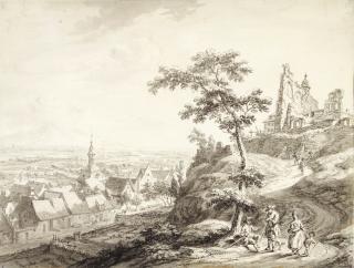 Christian Georg Schütz The Younger - Resting travellers before a town in a valley