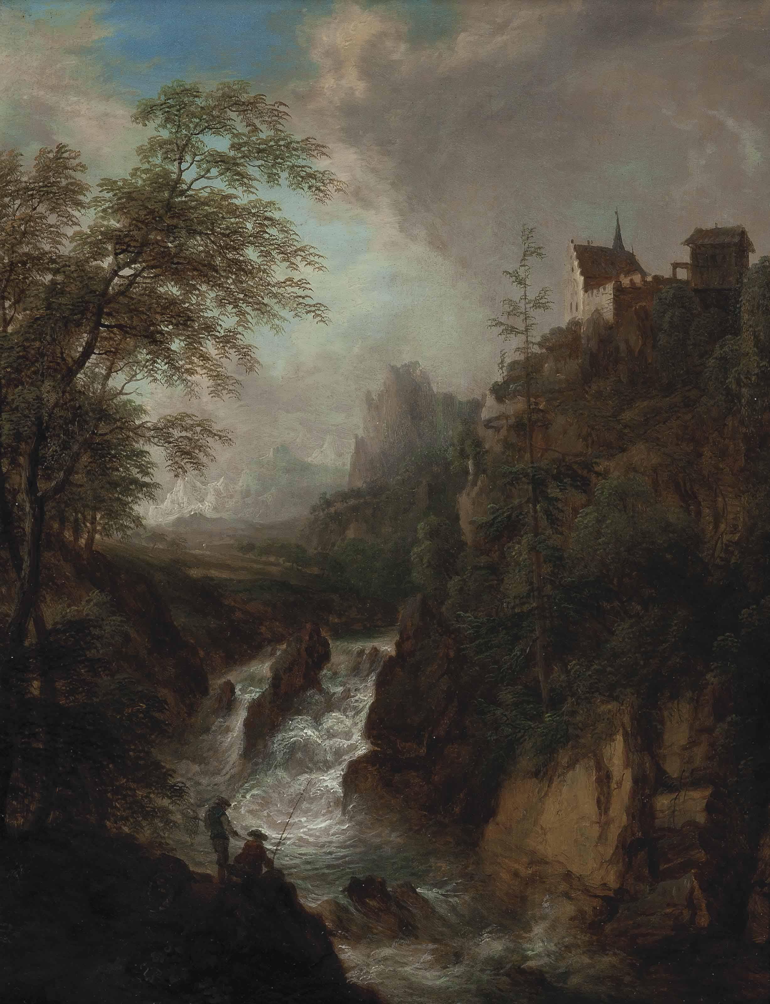 Christian Georg Schütz - A Mountainous River Landscape With Anglers On The Shore