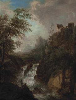 Christian Georg Schütz - A Mountainous River Landscape With Anglers On The Shore