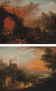 Christian Georg Schütz - A mountainous river landscape with travellers near a waterfall, a watermill nearby; and A mountainous river landscape with peasants near a well, a castle on a hill nearby