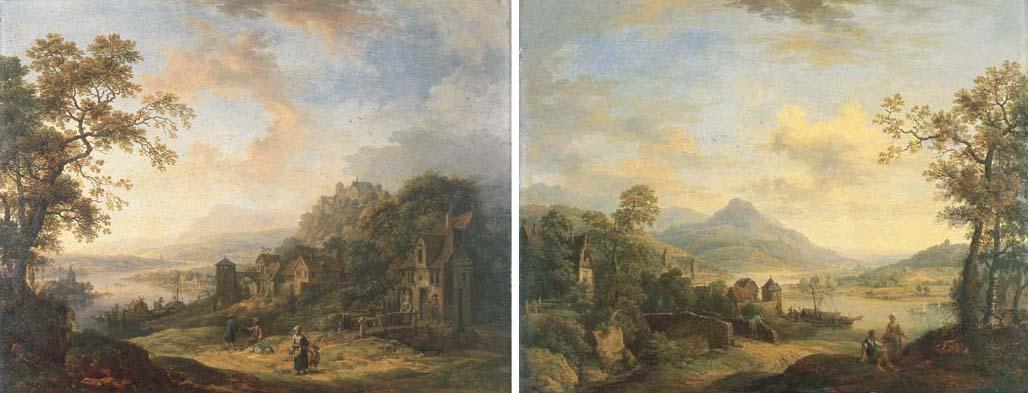 Christian Georg Schütz - A Rhenish landscape with peasants talking by a track, figures on a bridge and a village beyond; and A Rhenish landscape with figures on a track, a hilltop village beyond