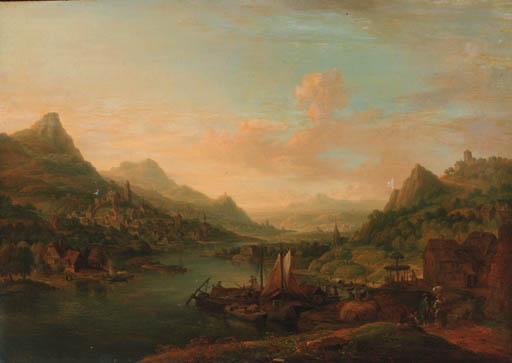 Christian Georg Schütz - An extensive Rhenish landscape, with boats moored by a jetty