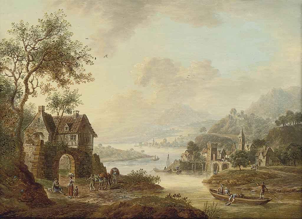 Christian Georg Schütz - An extensive Rhenish river landscape with figures beside a ruined arch, mountains beyond