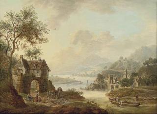 Christian Georg Schütz - An extensive Rhenish river landscape with figures beside a ruined arch, mountains beyond