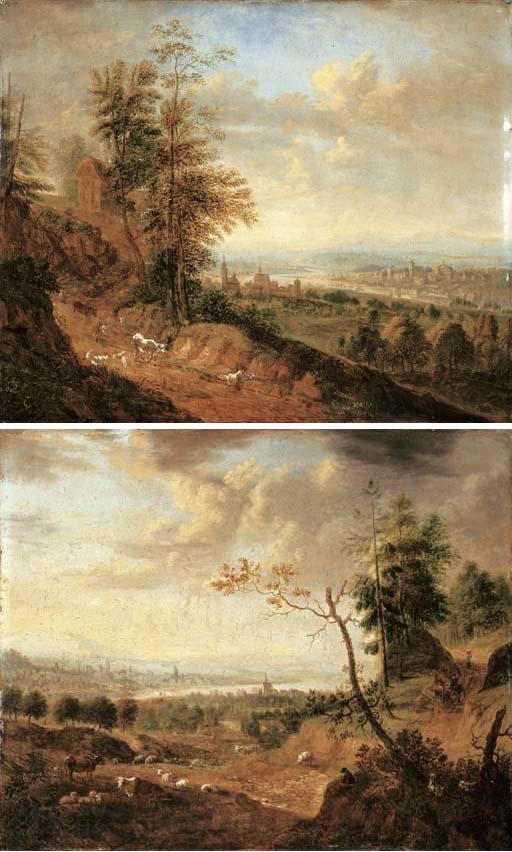 Christian Georg Schütz - Peasants And Animals On A Path In A Wooded Landscape