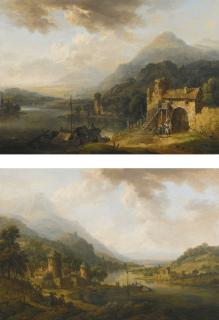 Christian Georg Schüz - A Rhenish Landscape With Travellers On A Track, A Castle Beyond; A Rhenish Landscape With Figures Conversing By A Town Gate, Shipping Nearby