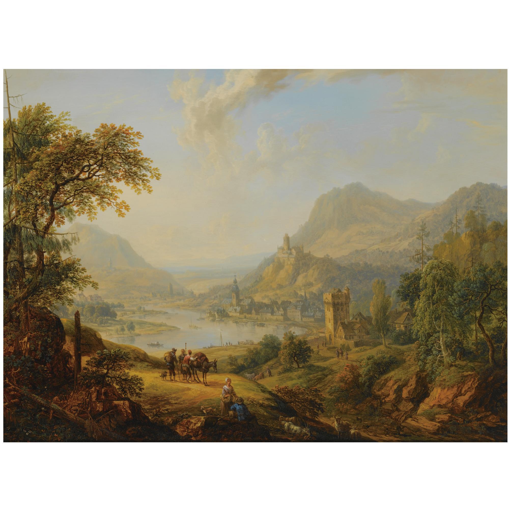 Christian Georg Schüz - An Extensive Rhenish Landscape With Shepherds And Travellers Resting On A Path In The Foreground, A View Of A Castle And A Village Beyond