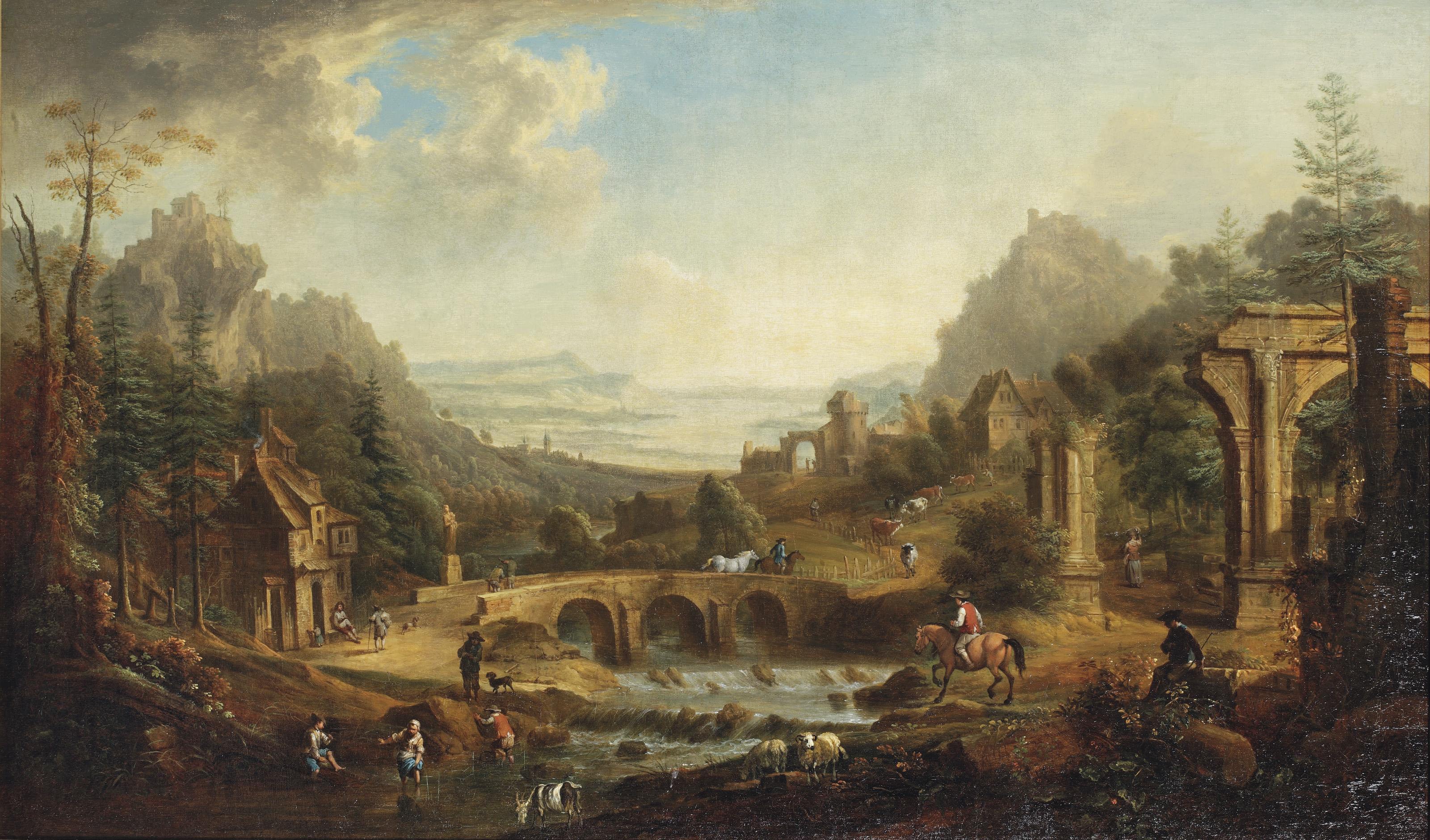 Christian Georg Schüz - An extenssive mountaineous river landscape with horsemen, shepherds and other figures amidst classical ruins near a village