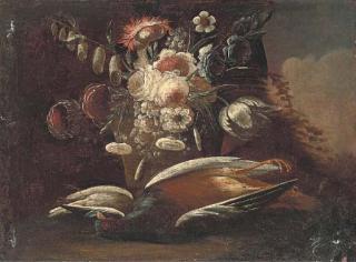 Christian Georg Schuz - Still life of a dead pheasant and song bird