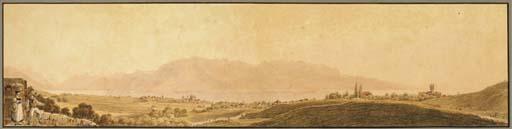 Christian Gottlieb Steinlen - Un panorama du lac Léman avec Yvoire et des montagnes dans le fond, un couple au premier plan