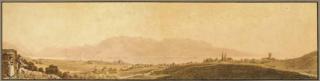 Christian Gottlieb Steinlen - Un panorama du lac Léman avec Yvoire et des montagnes dans le fond, un couple au premier plan