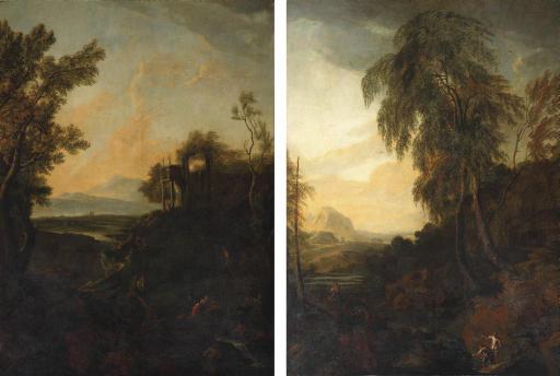 Christian Hilfgott Brand - A Mountainous Landscape With Ancient Ruins On A Hill; And A Mountainous Landscape With Cattle Fording A Stream