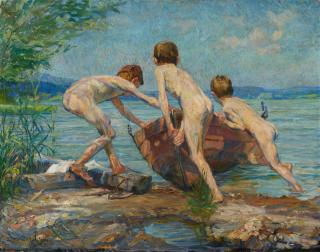 Christian Landenberger - Badende Knaben mit Ruderboot